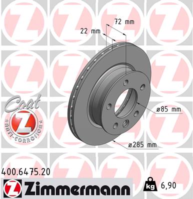 ZIMMERMANN Bremseskive 400647520 foraksel ventileret 285mm 22mm for MERCEDES-BENZ