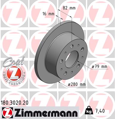ZIMMERMANN Bremseskive 180302020 bagaksel fuld 280mm 16mm for FIAT CITROËN/PEUGEOT