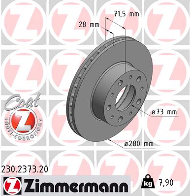 ZIMMERMANN Bremseskive 230237320 foraksel ventileret 280mm 28mm for CITROËN/PEUGEOT FIAT