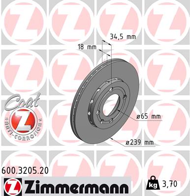 ZIMMERMANN Bremseskive 600320520 foraksel udvendig ventileret 239mm 18mm for VAG