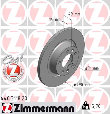 ZIMMERMANN Bremseskive 440311820 bagaksel fuld 290mm 14mm for CITROËN/PEUGEOT FIAT