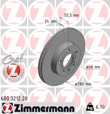 ZIMMERMANN Bremseskive 600321220 foraksel ventileret 280mm 24mm for VAG