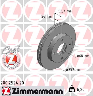 ZIMMERMANN Bremseskive 200252420 foraksel ventileret 257mm 26mm for NISSAN