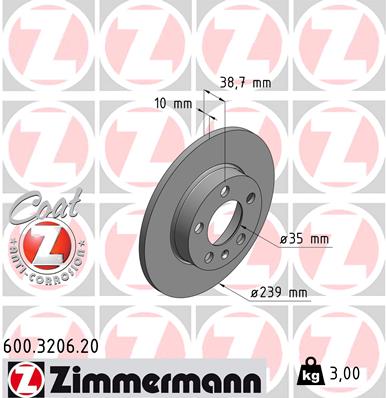 ZIMMERMANN Bremseskive 600320620 bagaksel fuld 239mm 10mm for VAG