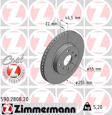 ZIMMERMANN Bremseskive 590280820 foraksel ventileret 255mm 22mm for TOYOTA TOYOTA (FAW)