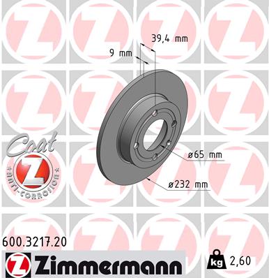 ZIMMERMANN Bremseskive 600321720 bagaksel fuld 232mm 9mm for VAG