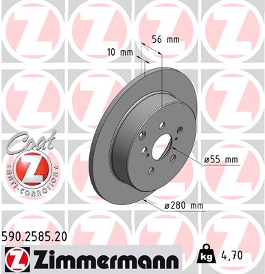 ZIMMERMANN Bremseskive 590258520 bagaksel fuld 280mm 10mm for TOYOTA
