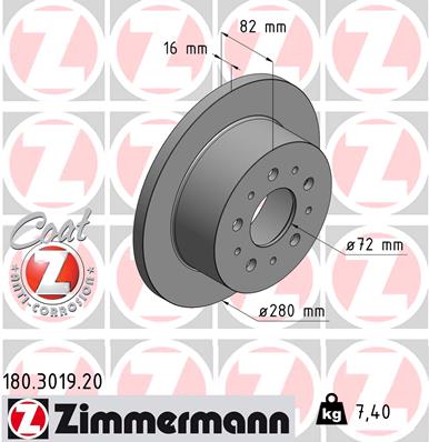 ZIMMERMANN Bremseskive 180301920 bagaksel fuld 280mm 16mm for FIAT CITROËN/PEUGEOT