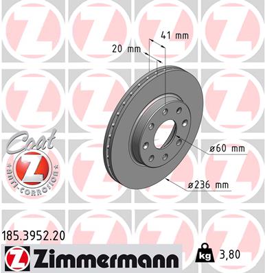 ZIMMERMANN Bremseskive 185395220 foraksel ventileret 236mm 20mm for CHEVROLET DAEWOO