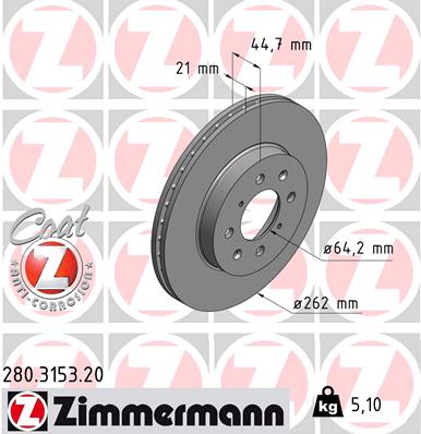 ZIMMERMANN Bremseskive 280315320 foraksel ventileret 262mm 21mm for HONDA HONDA (GAC) ROVER