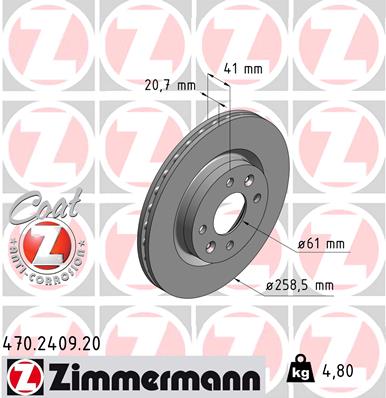 ZIMMERMANN Bremseskive 470240920 foraksel ventileret 259mm 21mm for NISSAN RENAULT DACIA