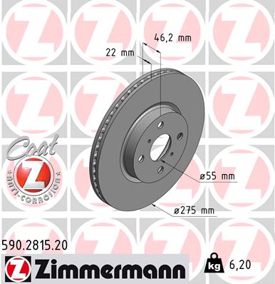 ZIMMERMANN Bremseskive 590281520 foraksel ventileret 275mm 22mm for TOYOTA
