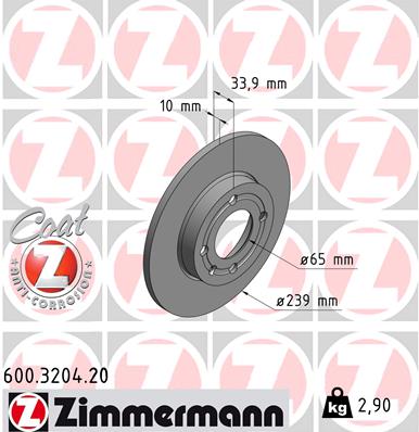 ZIMMERMANN Bremseskive 600320420 foraksel fuld 239mm 10mm for VAG