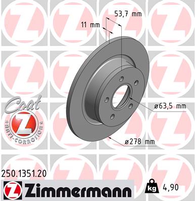 ZIMMERMANN Bremseskive 250135120 bagaksel fuld 278mm 11mm for FORD