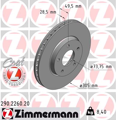 ZIMMERMANN Bremseskive 290226020 foraksel ventileret 305mm 28mm for JAGUAR