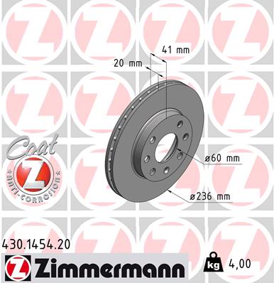 ZIMMERMANN Bremseskive 430145420 foraksel ventileret 236mm 20mm for OPEL GENERAL MOTORS