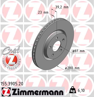 ZIMMERMANN Bremseskive 155390520 foraksel ventileret 280mm 23mm for CHRYSLER