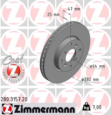ZIMMERMANN Bremseskive 280315720 foraksel ventileret 282mm 25mm for HONDA