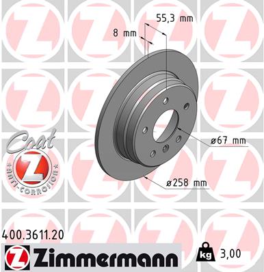 ZIMMERMANN Bremseskive 400361120 bagaksel fuld 258mm 8mm for MERCEDES-BENZ