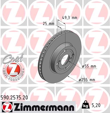 ZIMMERMANN Bremseskive 590257520 foraksel ventileret 255mm 25mm for TOYOTA TOYOTA (FAW)