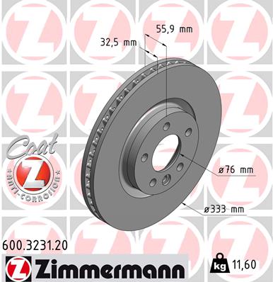 ZIMMERMANN Bremseskive 600323120 foraksel ventileret 333mm 32mm for VAG