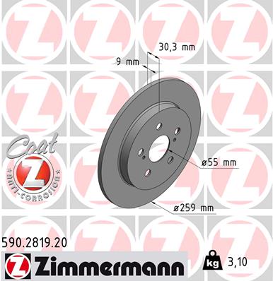 ZIMMERMANN Bremseskive 590281920 bagaksel fuld 259mm 9mm for TOYOTA TOYOTA (FAW)