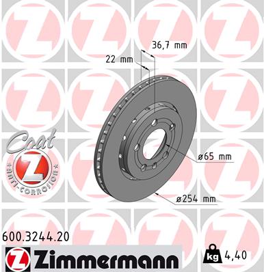 ZIMMERMANN Bremseskive 600324420 bagaksel udvendig ventileret 254mm 22mm for VAG