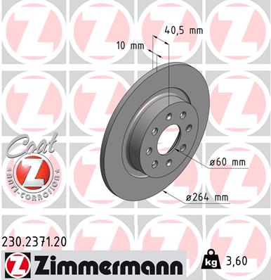 ZIMMERMANN Bremseskive 230237120 bagaksel fuld 264mm 10mm for OPEL FIAT