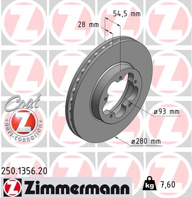 ZIMMERMANN Bremseskive 250135620 foraksel ventileret 280mm 28mm for FORD