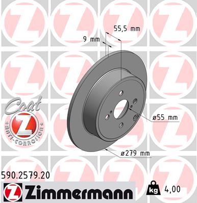 ZIMMERMANN Bremseskive 590257920 bagaksel fuld 279mm 9mm for TOYOTA