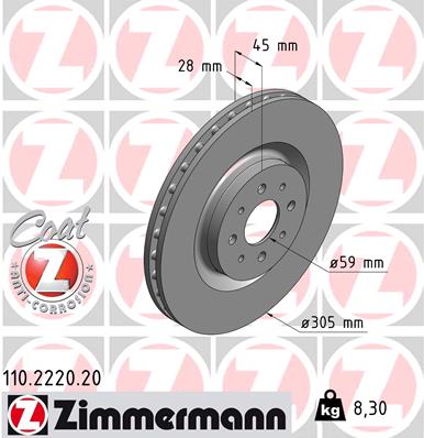 ZIMMERMANN Bremseskive 110222020 foraksel ventileret 305mm 28mm for ALFA ROMEO