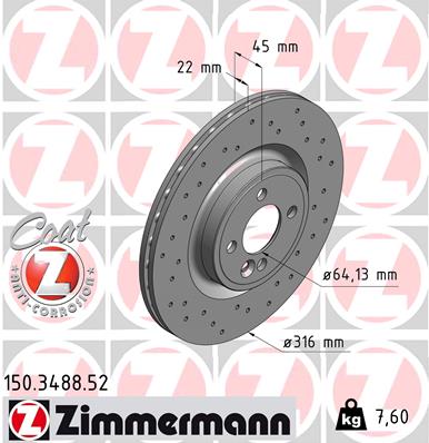 ZIMMERMANN Bremseskive 150348852 foraksel perforeret 316mm 22mm for MINI