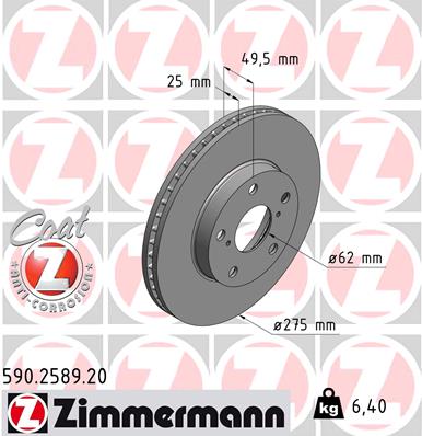 ZIMMERMANN Bremseskive 590258920 foraksel ventileret 275mm 25mm for TOYOTA