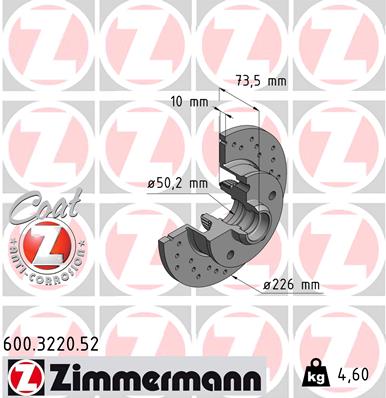 ZIMMERMANN Bremseskive 600322052 bagaksel perforeret 226mm 10mm for VAG