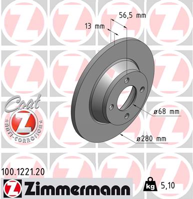 ZIMMERMANN Bremseskive 100122120 foraksel fuld 280mm 13mm for AUDI