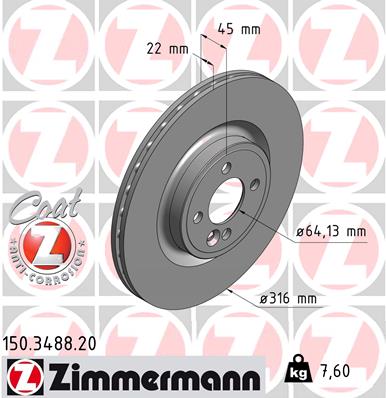 ZIMMERMANN Bremseskive 150348820 foraksel ventileret 316mm 22mm for MINI