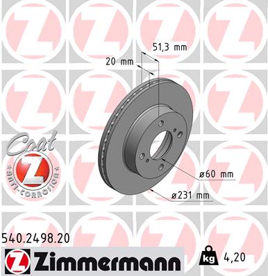ZIMMERMANN Bremseskive 540249820 foraksel ventileret 231mm 20mm for NISSAN SUZUKI