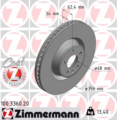 ZIMMERMANN Bremseskive 100336020 foraksel ventileret 356mm 34mm for AUDI