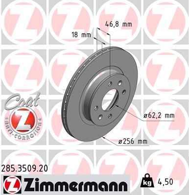 ZIMMERMANN Bremseskive 285350920 foraksel ventileret 256mm 18mm for HYUNDAI