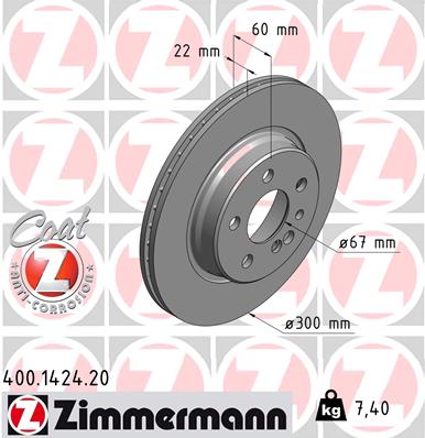 ZIMMERMANN Bremseskive 400142420 bagaksel ventileret 300mm 22mm for MERCEDES-BENZ