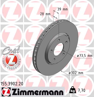 ZIMMERMANN Bremseskive 155390220 foraksel udvendig ventileret 302mm 28mm for CHRYSLER