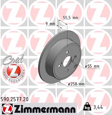 ZIMMERMANN Bremseskive 590257720 bagaksel fuld 258mm 9mm for TOYOTA