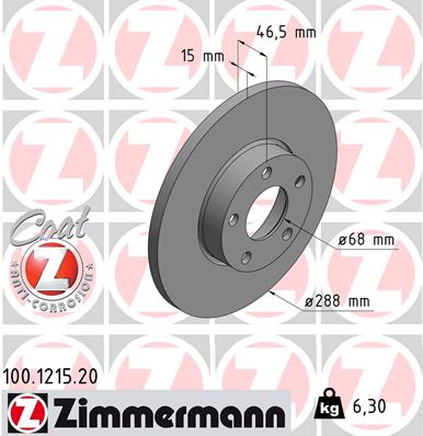 ZIMMERMANN Bremseskive 100121520 foraksel fuld 288mm 15mm for AUDI