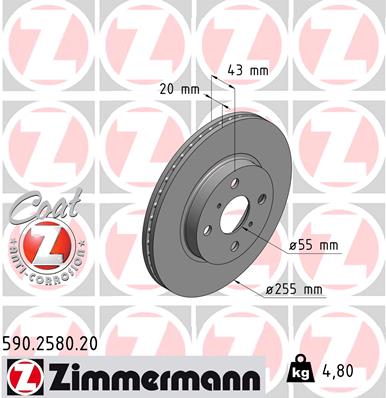 ZIMMERMANN Bremseskive 590258020 foraksel ventileret 255mm 20mm for TOYOTA FAW (TIANJIN)