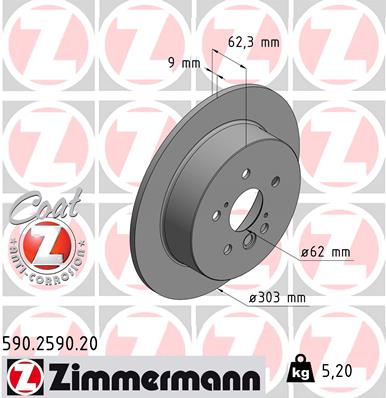 ZIMMERMANN Bremseskive 590259020 bagaksel fuld 303mm 9mm for TOYOTA