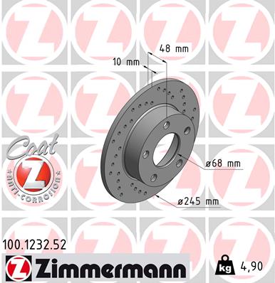 ZIMMERMANN Bremseskive 100123252 bagaksel perforeret 245mm 10mm for VAG