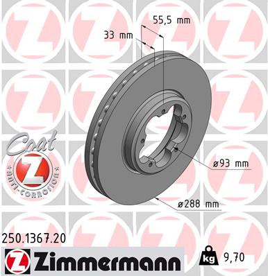 ZIMMERMANN Bremseskive 250136720 foraksel ventileret 288mm 33mm for FORD