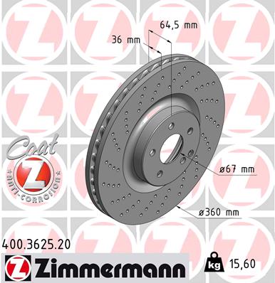 ZIMMERMANN Bremseskive 400362520 foraksel perforeret 360mm 36mm for MERCEDES-BENZ