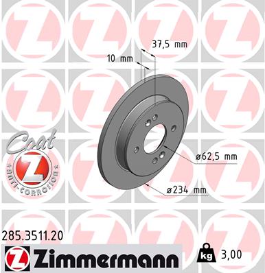 ZIMMERMANN Bremseskive 285351120 bagaksel fuld 234mm 10mm for HYUNDAI KIA