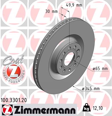 ZIMMERMANN Bremseskive 100330120 foraksel ventileret 345mm 30mm for VAG